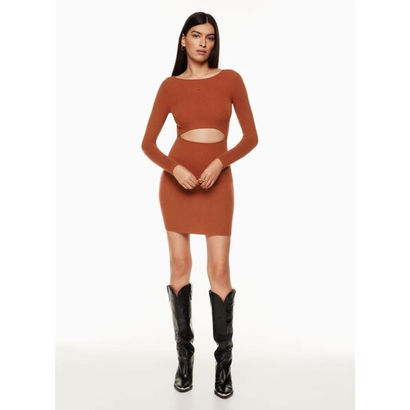 Aritzia WILFRED FREE Olive Cut-Out Rib Knit Long Sleeve Bodycon Dress, Size S - Picture 12 of 16